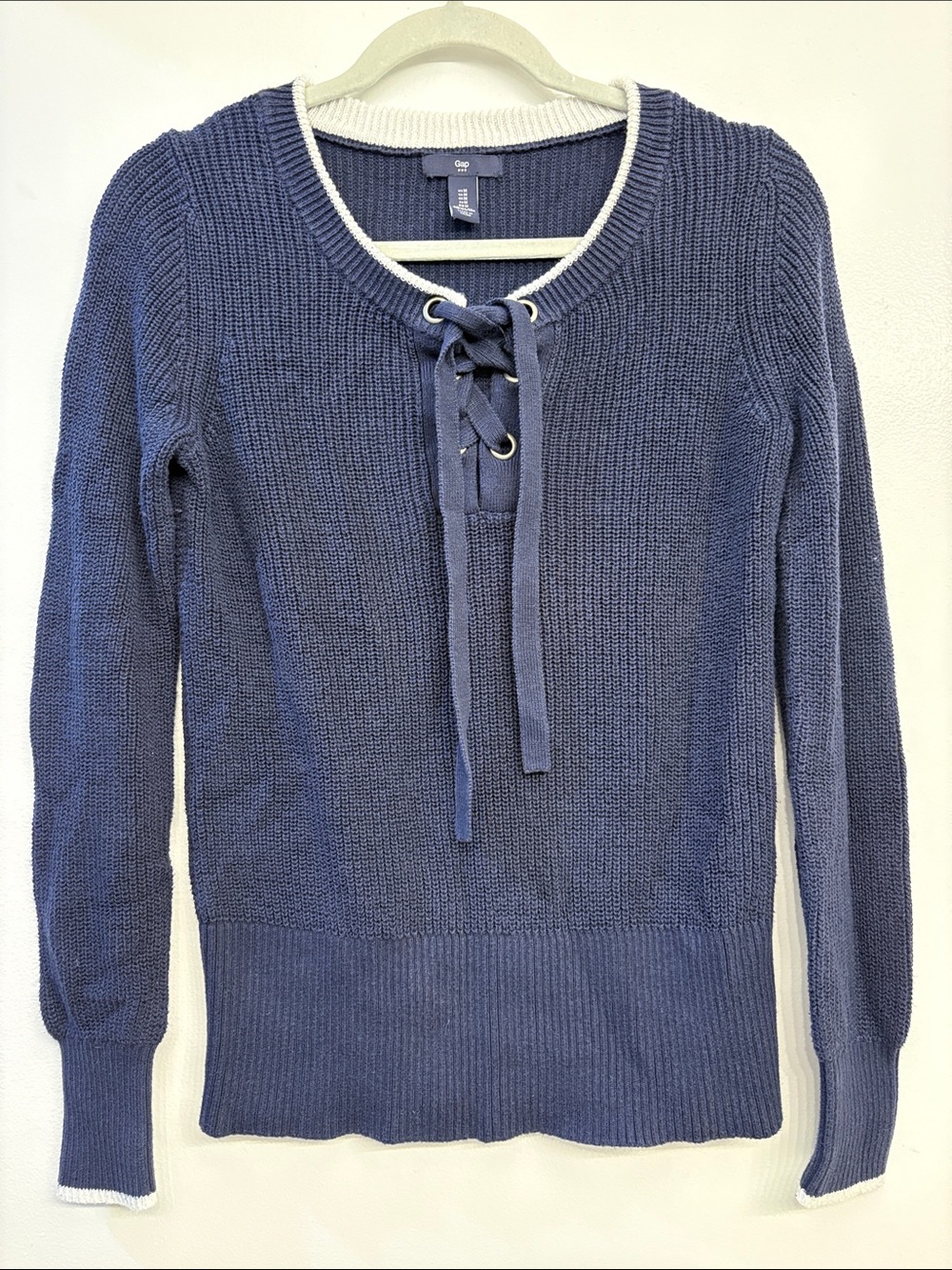 GAP Navy Lace-Up Crewneck Sweater with White Trim Nautical East Coast Sailing